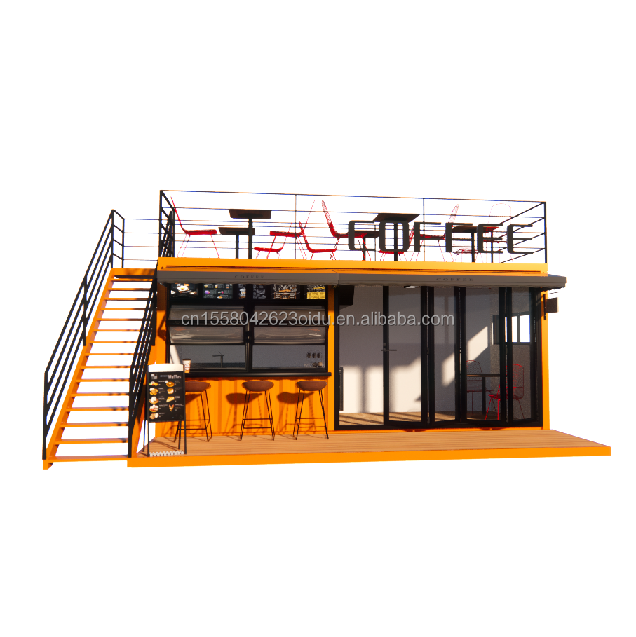 EU 20ft Food Stall Second Floor Container Coffee Shop Constructed with Galvanized Steel Square Tubes and Steel Structure