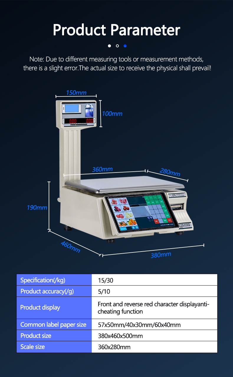 15kg Touch Screen Label Printing Weighing Scale with LED LCD Display and 1*RS232 Port Type