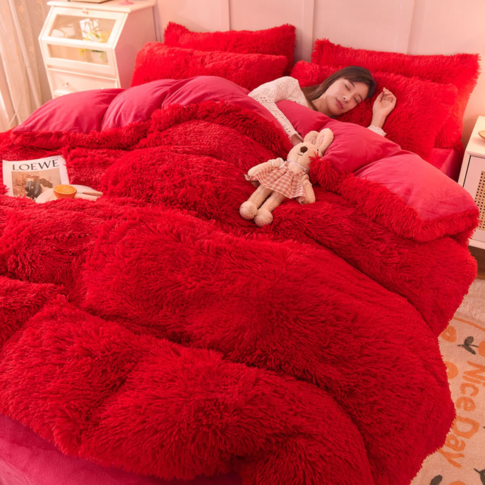 Rainbow Color Faux Fur Velvet Fluffy Plush Bedding Set for Modern Home and Decoration