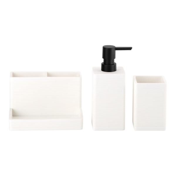 3pcs White Sand Stone Bathroom Set Square Shape Circle Line Liquid Soap
