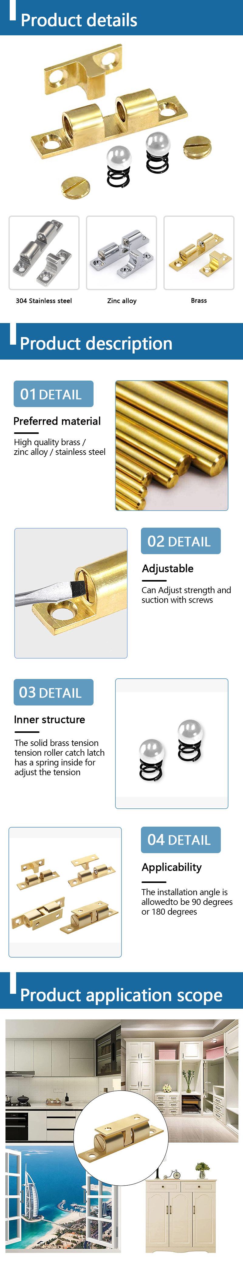 Pure Copper Double Spring Steel Ball Catch Latch For Furniture Cupboard Cabinet Door Adjustable Closet Tension Latch