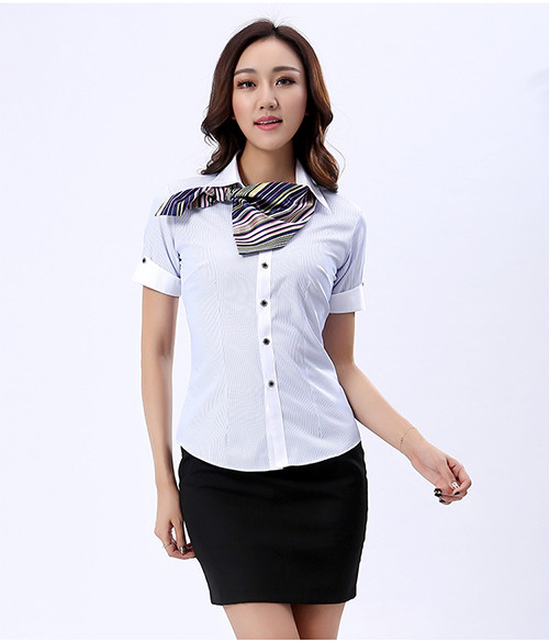 Summer Blue Striped Custom Business Shirts Short Sleeved Shirt For Male / Female