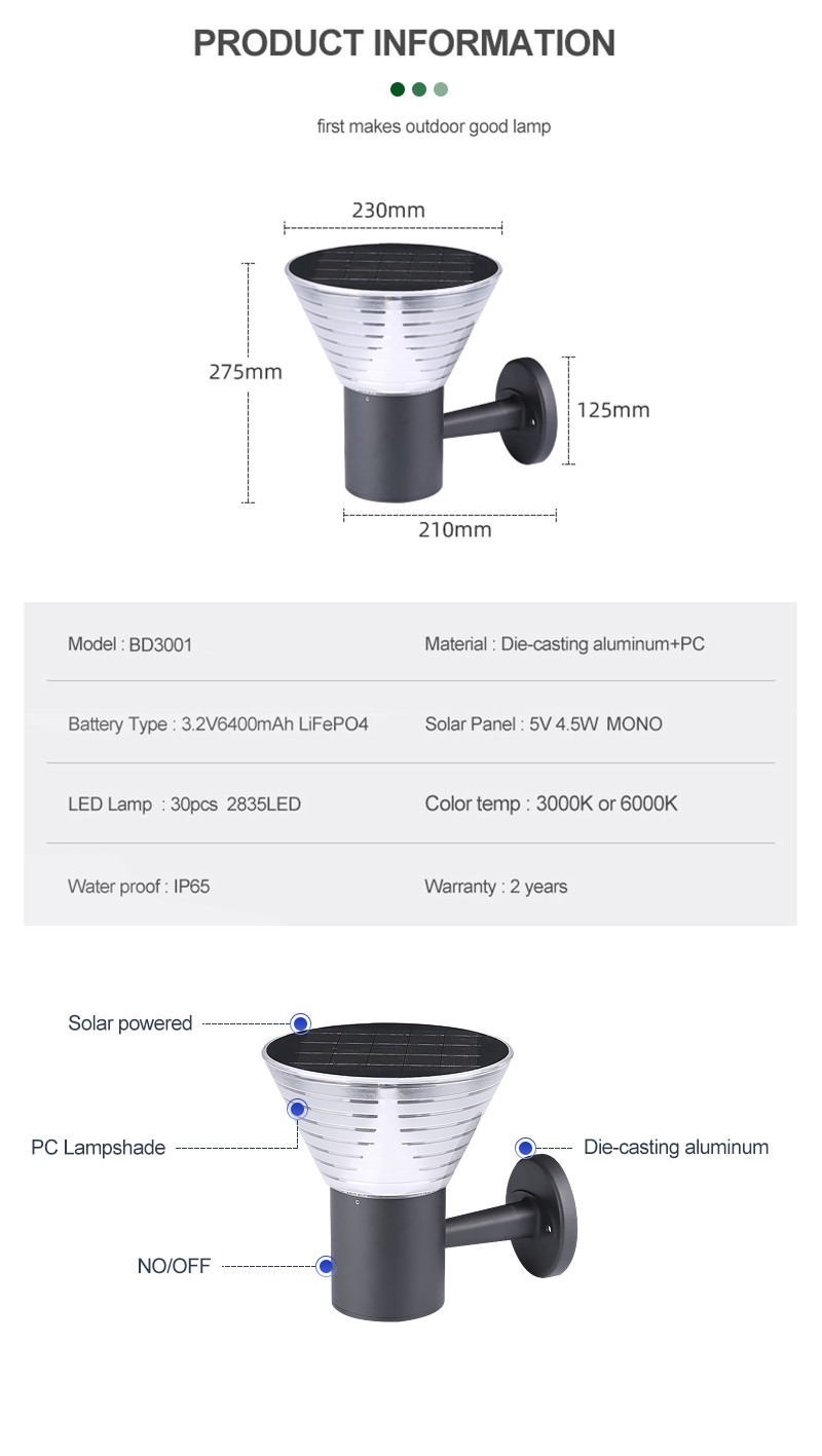 Professional Design 3.7V LED Solar Wall Lamp 30PCS Outdoor Lighting Waterproof