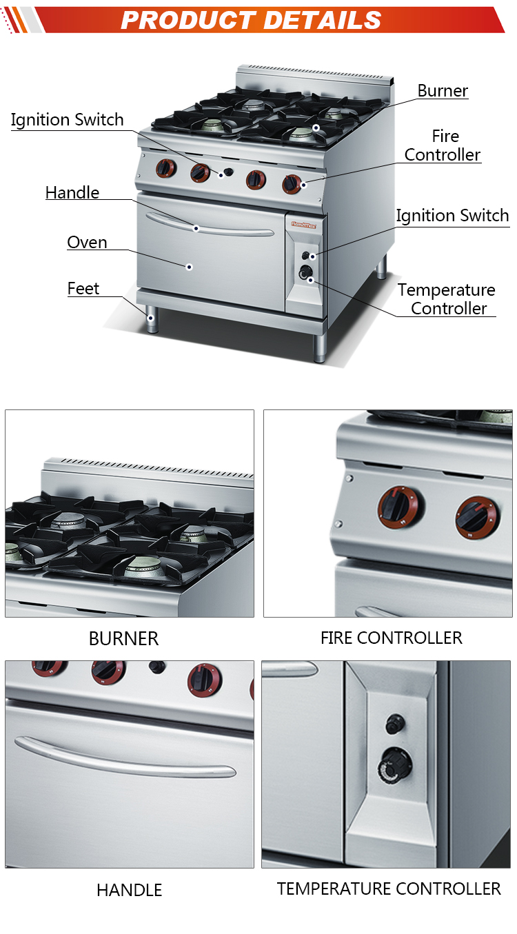 Commercial Kitchen Traditional Private Mold 4-Burner Gas Range with Gas Baking Oven