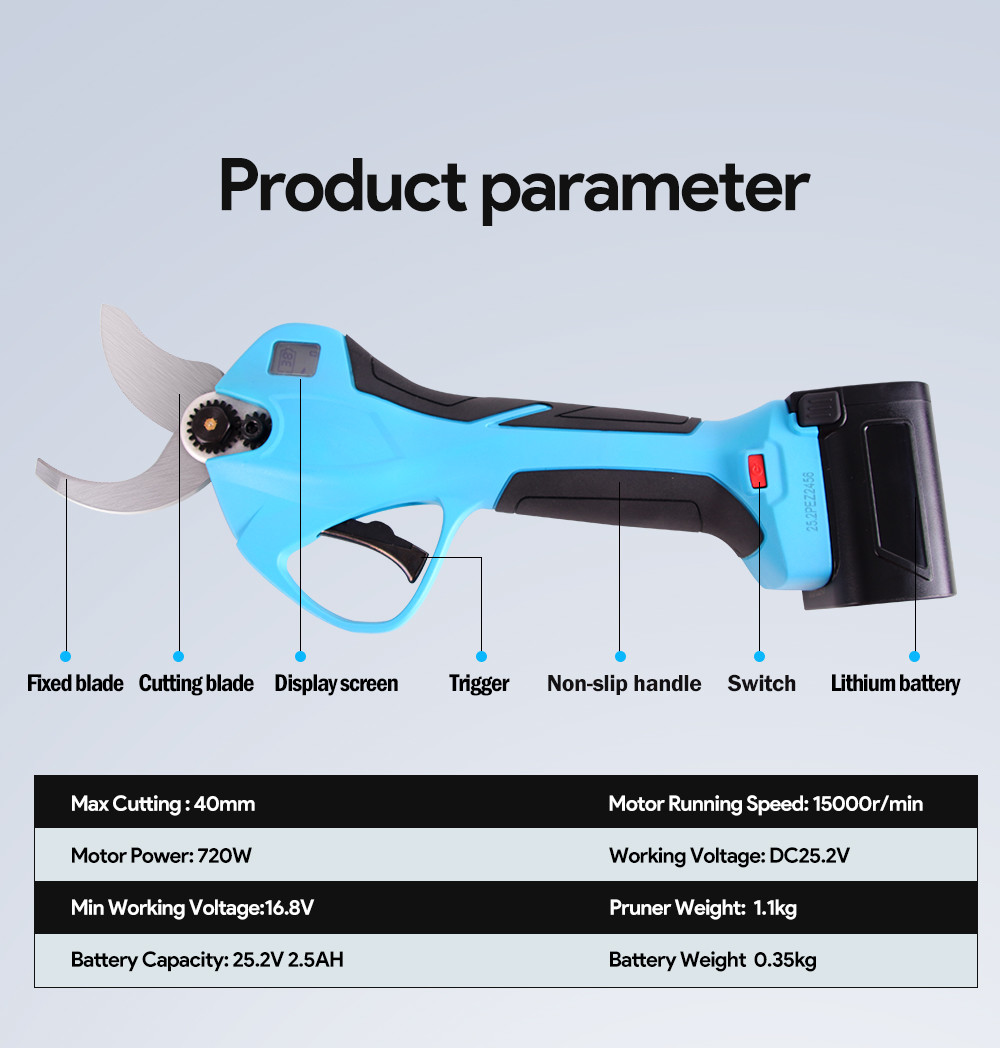 Swansoft 25.2V Cordless 40mm electric pruning shears with LED Display Screen Finger Protection
