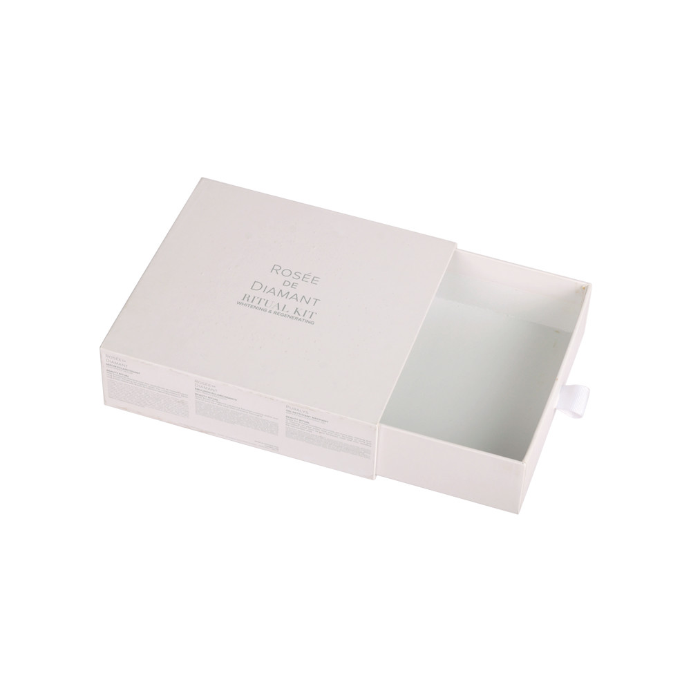 White Embossing Drawer Gift Box Cosmetic Packaging With Ribbon Handle