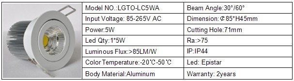 Aluminum Alloy housing COB LED Downlight