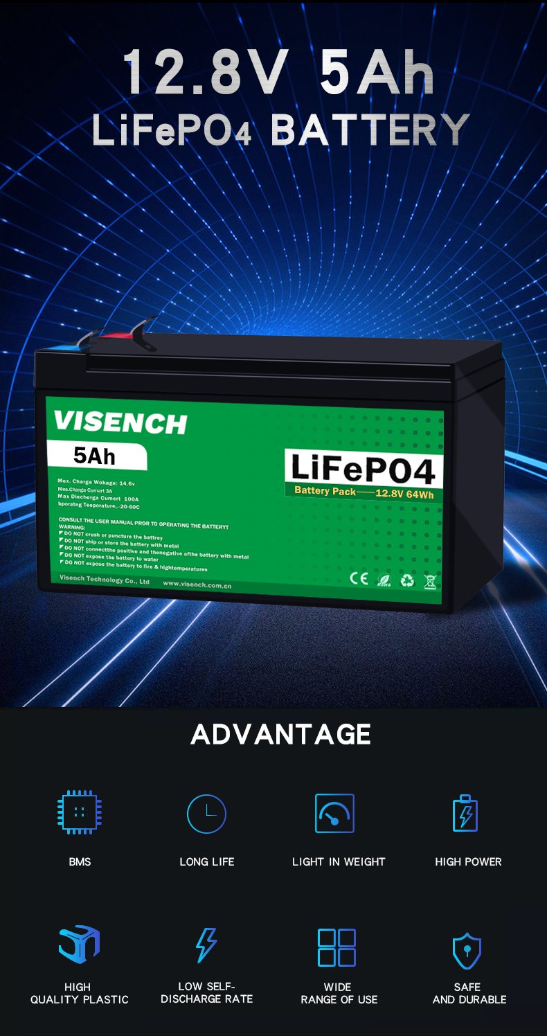Visench Direct factory high quality 12v 5ah Deep 6000 Cycles Solar Lifepo4 Rechargeable Li-Ion Energy Storage Battery