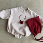 New Born Rompers Baby Fleece-Lined Reindeer Sweatshirt Romper and Bonnet Set
