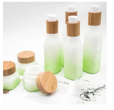 Buy cheap Green Gradient OPAL Glass Bottle With Wood Lid Cap Cosmetic Lotion Container from wholesalers