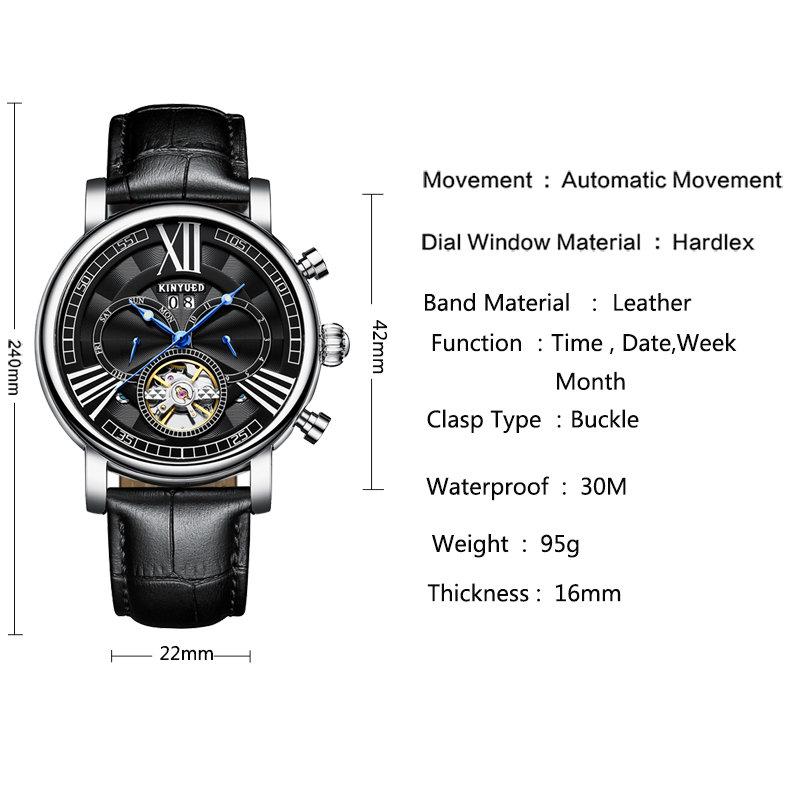Luxury Brand KINYUED Winner Automatic Mechanical Movement Genuine Leather Waterproof Automatic Mechanical Mens Watch