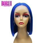 100% Brazilian Colored Bob Wigs Blue In Transparent Lace Straight Texture