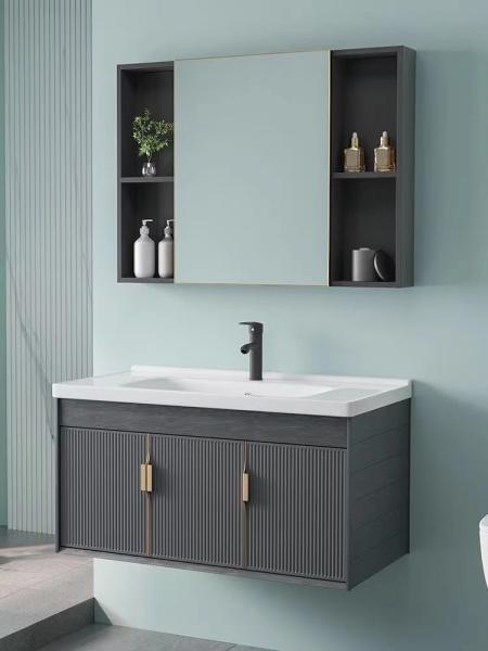 Buy cheap Grey Black Ceramic Wash Basin Cabinet Set Aluminium Mirrored Bathroom Cabinet Vanity from wholesalers