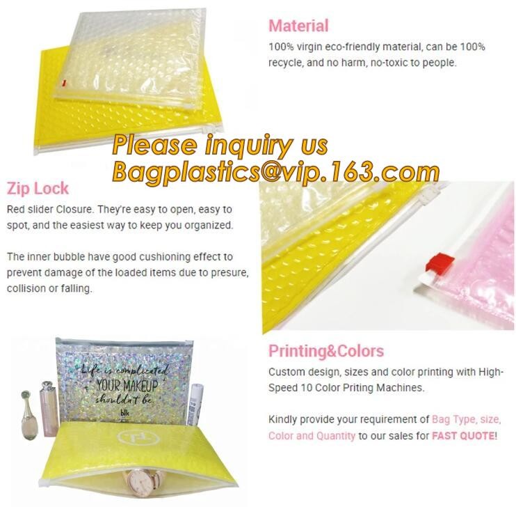 Factory Shiny Rose Gold Silver Cosmetic Zipper Bubble Bag Self Adhesive Plastic Pe Material Mailer Zip Lock Padded Bag,