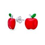 Delightful Red and Green Enamel Apple Earrings for Little Girls in 925 Sterling