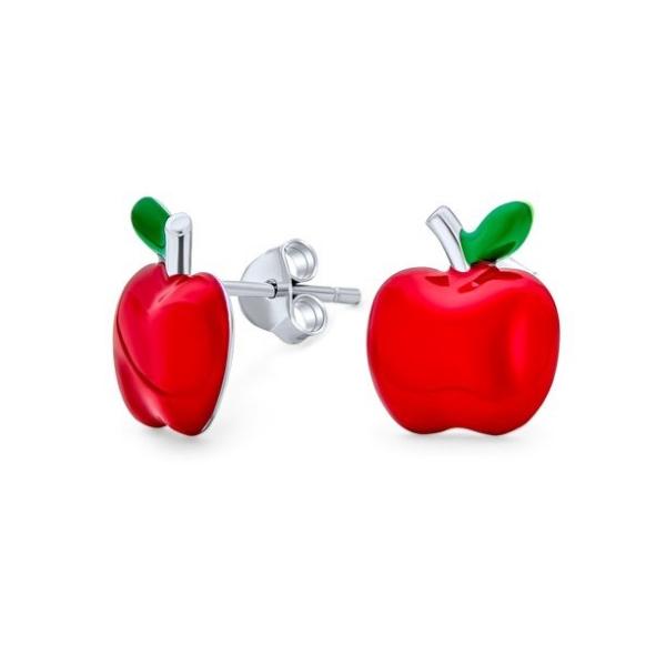 Delightful Red and Green Enamel Apple Earrings for Little Girls in 925 Sterling
