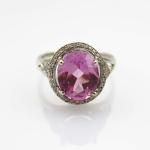 925 Silver Ring 9mmx11mm Pink Cubic Zircon and Rhinestone Ring (R134)