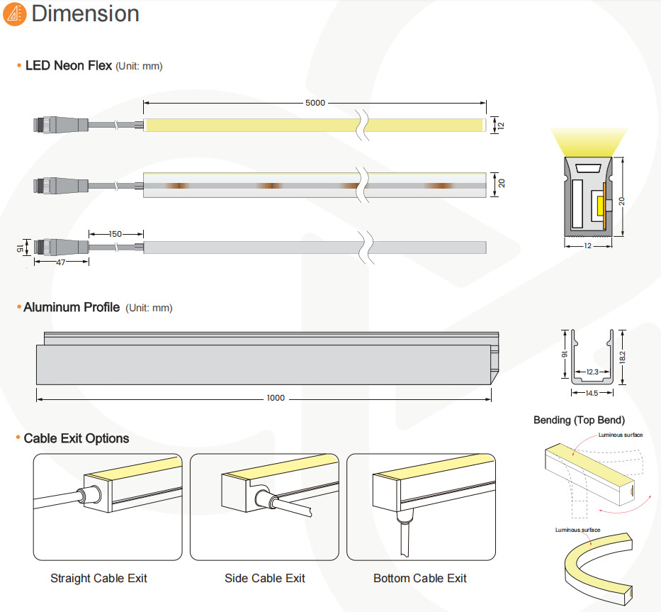 Side Bend LED Neon Flexible Strip Light DC24V High Tensile Strength Salt Acid Resistant