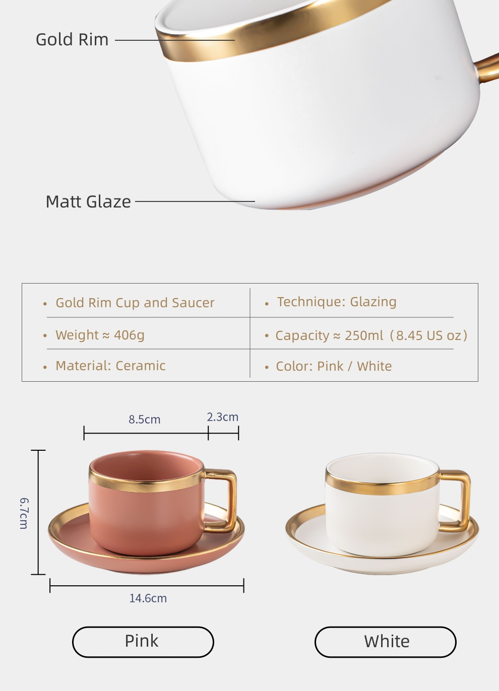 250ml Europe Design Luxury Gold Rim Cappuccino Cup And Saucer Set With Porcelain