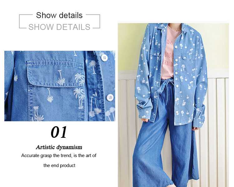 100% Cotton Chambray Long Sleeves Shirt , Loose Fit Blouses For Young Ladies