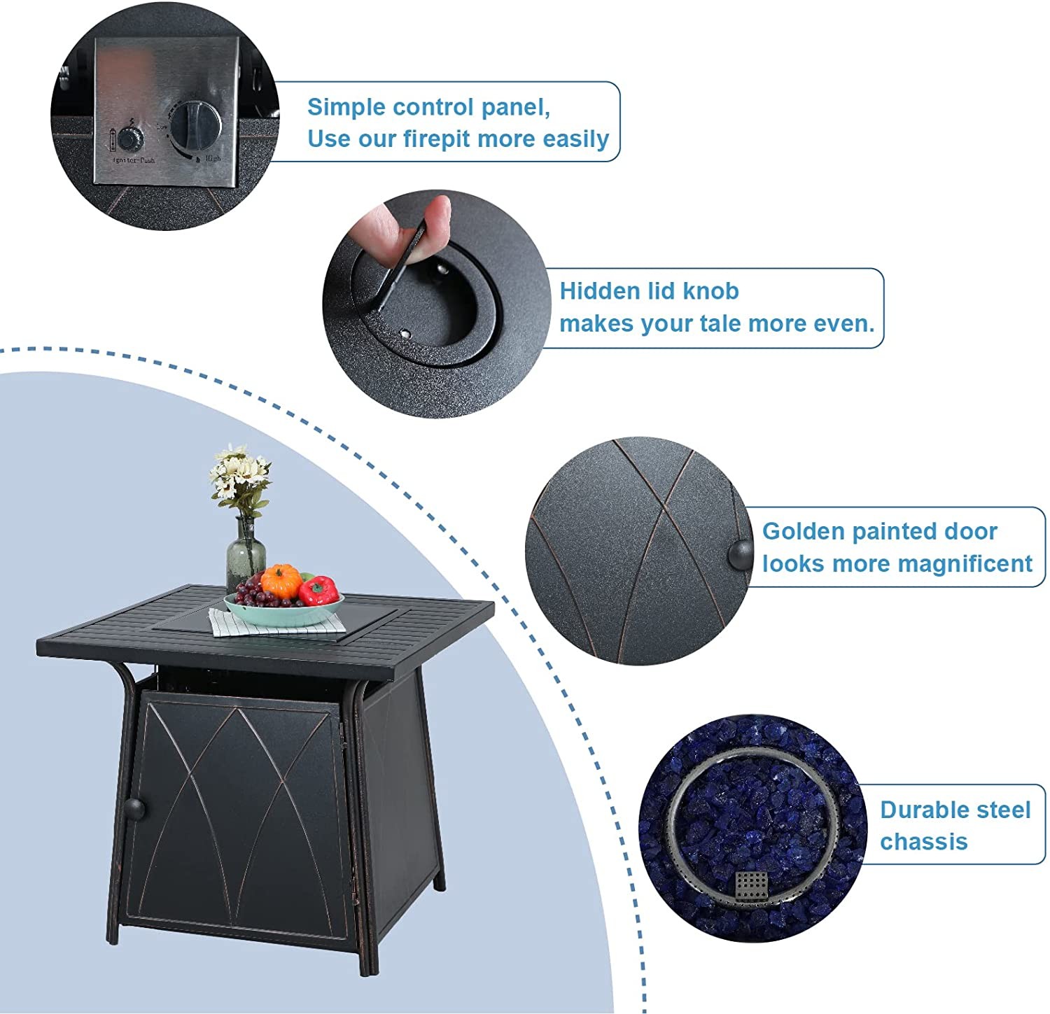 50,000 BTU Outdoor Propane Fire Pit Brazier Bench Gas Square With Blue Fire Glass