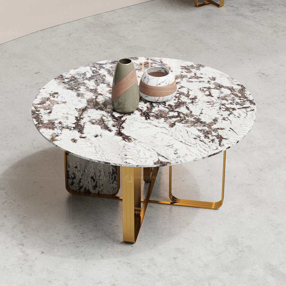 White Round Luxury Custom Marble Dining Table With Stainless Steel Metal Base in Gold