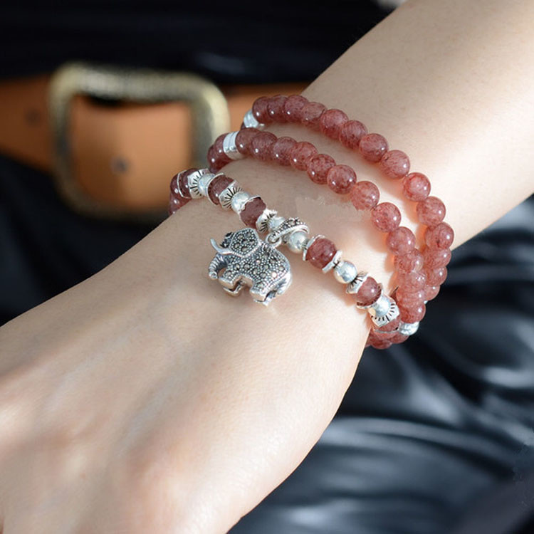 Women 6mm Strawberry Quartz Beads 3 Rows Strand Bracelet with Silver Charm (042861W)
