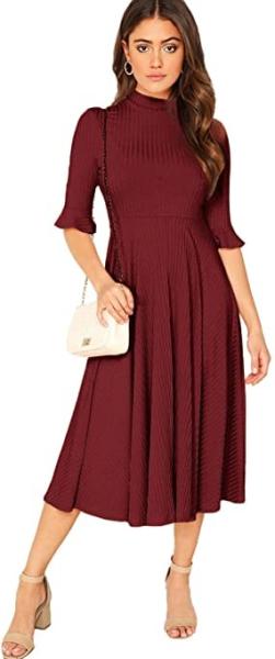 Buy cheap Clothing Ribbed Knit Bell Sleeve Fit And Flare Midi Dress from wholesalers