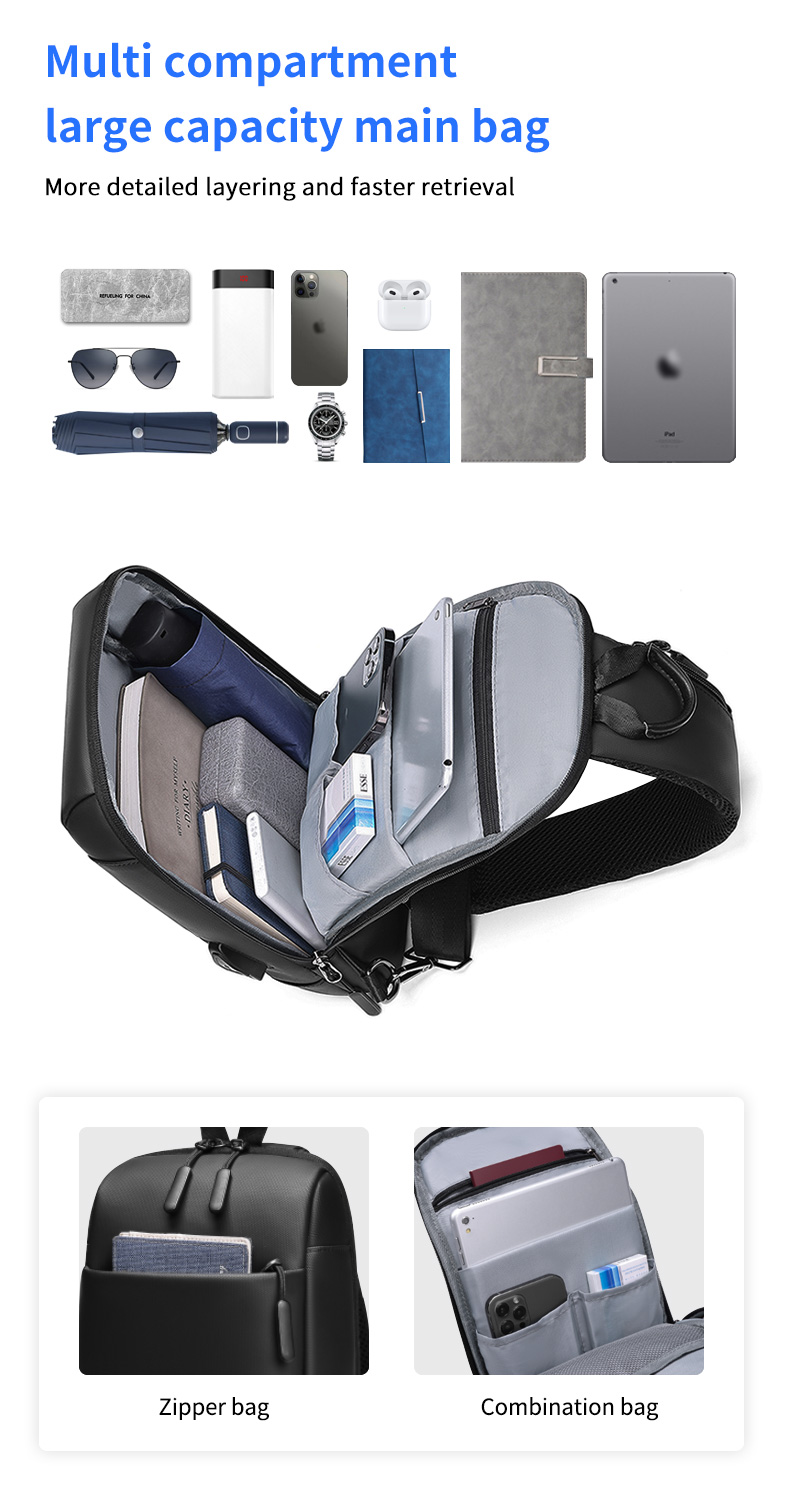 Customizable Cross Body Mens Sling Bag Multi Compartment Daily Used