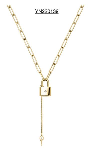 Buy cheap Love Token Key Lock Necklace K Gold Stainless Steel Long Rhinestone Necklace from wholesalers