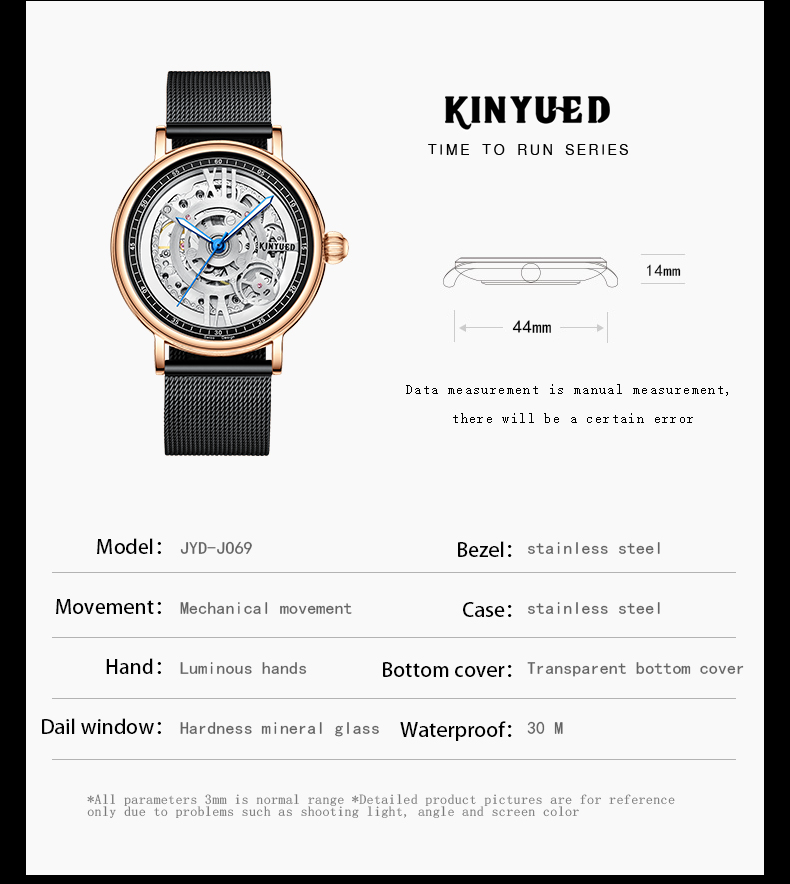 KINYUED J069 stainless steel luxury leather waterproof quartz oem brand hands wristwatches custom logo wrist mens watch