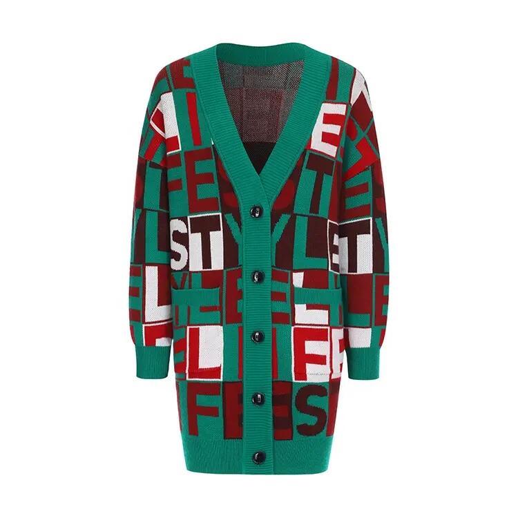 New V Neck Long Sleeved Monogram Jacquard Knitted Cardigan Coat Women′s Sweater