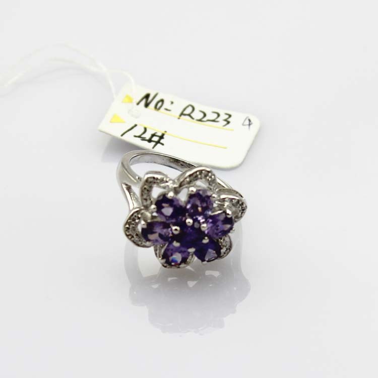 Whtie Gold Plated 925 Silver Red Cubic Zircon Flower Gemstone Ring (R223)