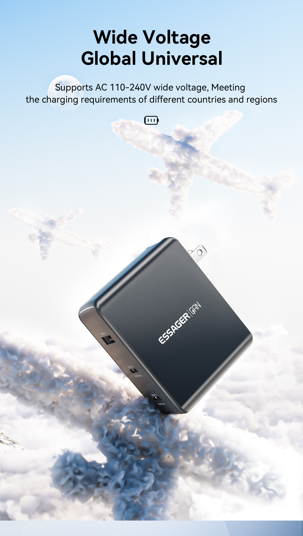 Mobile Phone GaN Chargers 140W With 3 Ports In 1 USB A 2 Type C PST-140C2A-LB-GAN Series