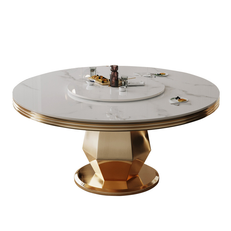 Stainless Steel Marble Round Dining Room Tables Polished With Turntable