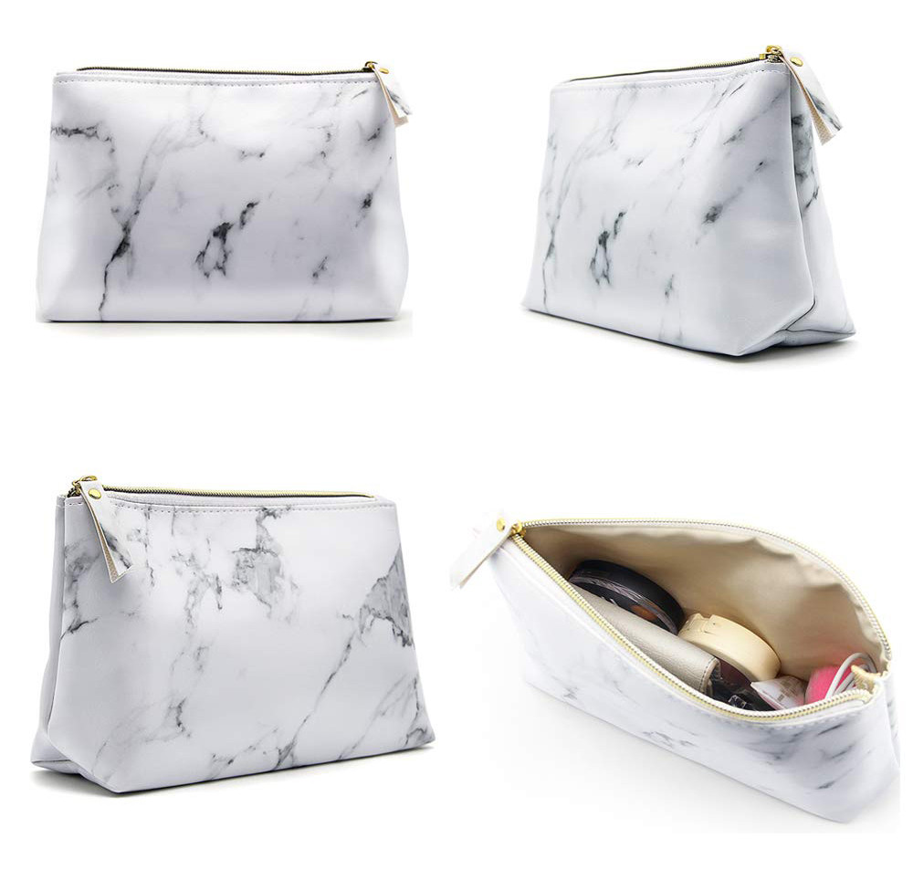 Marble PU Travel Makeup Brush Organizer Pouch With Gold Zipper