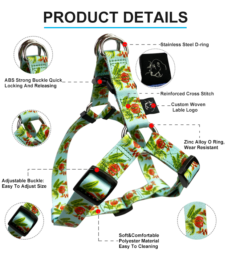 Heavy Duty Collar Leash Harness Set Puppy Adjustable Flower Pattern Pet Lope