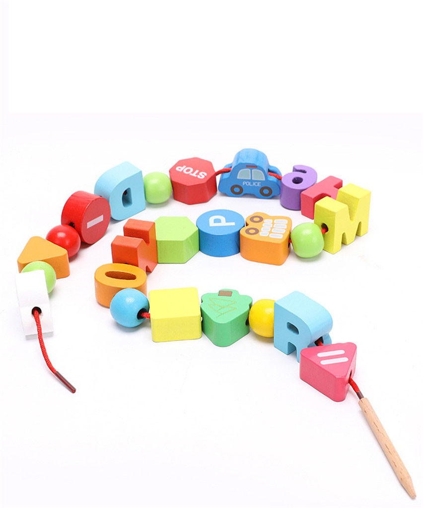 75Pcs Wooden Urban Traffic Number Letter Beaded Rope Game Stringing Threading