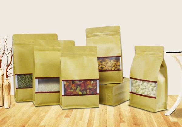 Buy cheap stand up zip pouch brown Kraft paper bags dried food packaging bags with window from wholesalers