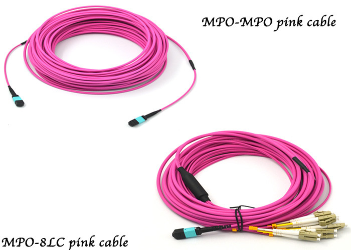 OM4 MPO Breakout Fanout Pach Cable Fiber Optics LSZH Pink Violet With LC FC SC 10G 40G 100G