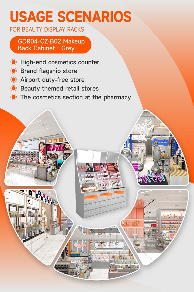 GDR04-CZ-B02 Makeup Display Rack with Grey Melamine Board and LED Strip Lights for Cosmetic Retail Stores