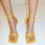 Hot Sell Luxurious Brand Sexy Mesh Square Toe Customization Heel Lace-Up Sandals