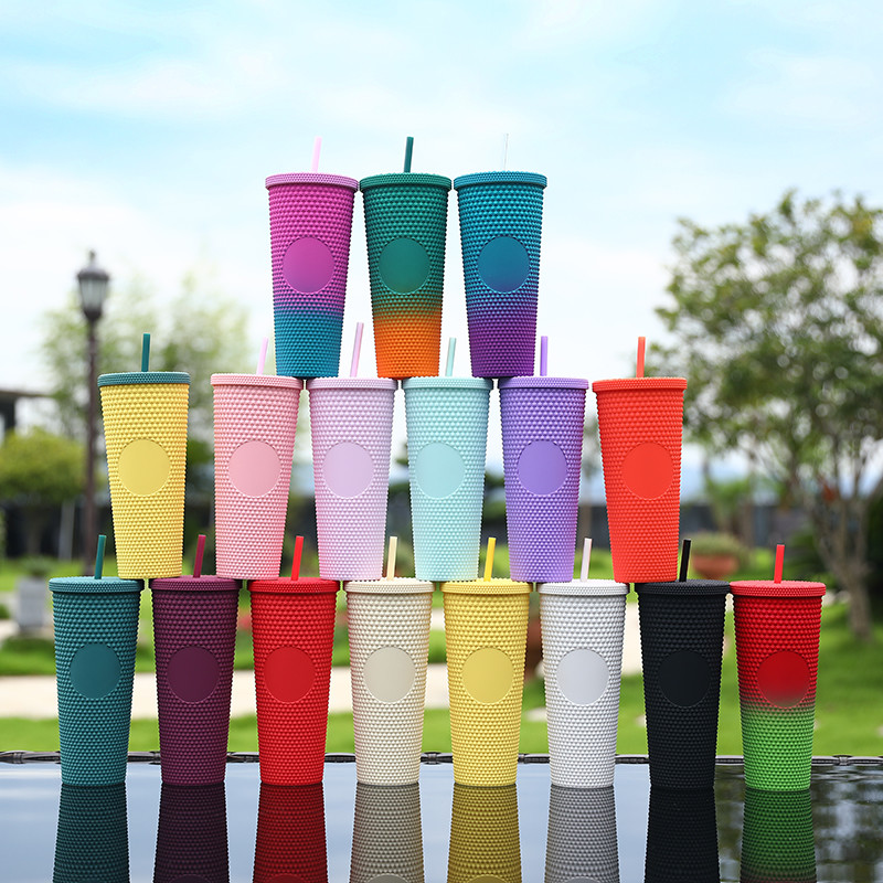 Double Wall Insulation 24oz Studded Tumbler Diamond Durian Pineapple Plastic Matte Black Studded Cup Coffee Tumbler With Lid Straw Fashionable
