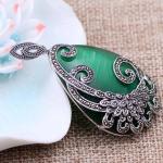 925 Silver Drop Shape Green Opal Marcasite Retro Pendant Necklace (N20180410GREE