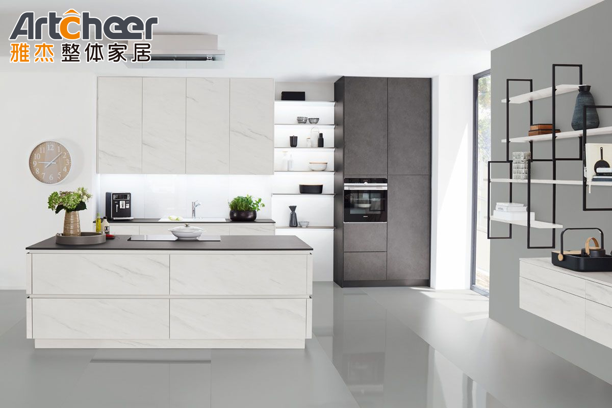 Pull Down Bamboo Design White Color Kitchen Cabinets with PVC Membrane Treatment