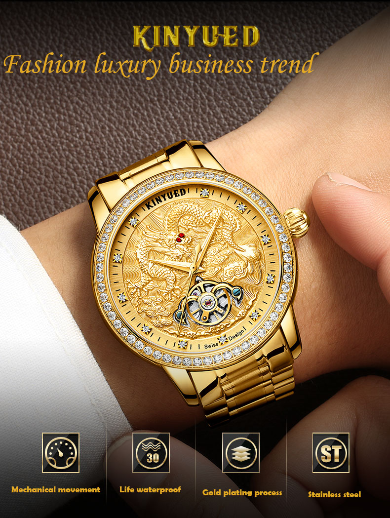 KINYUED watches men wrist Automatic Mechanical Movement stainless steel band custom logo