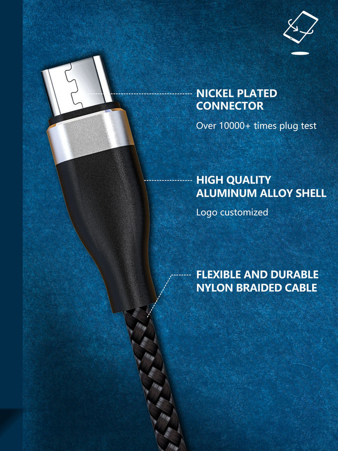 Nylon 3.3FT Black 480Mbps Micro Data USB Cable For Mobile Phone