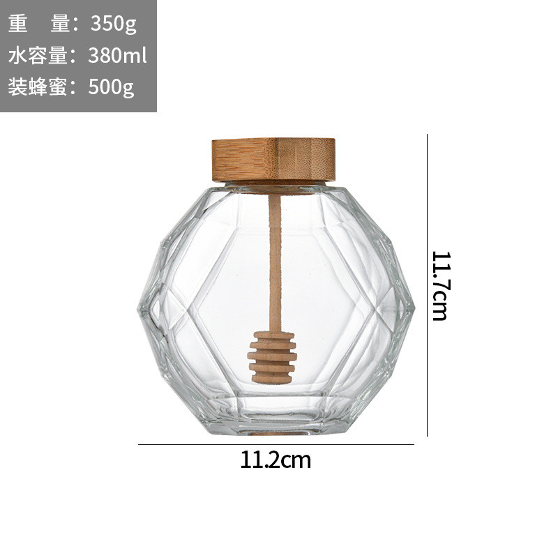 380ML Glass Honey Hexagon Jar With Wooden Cover And Wooden Splash Bar