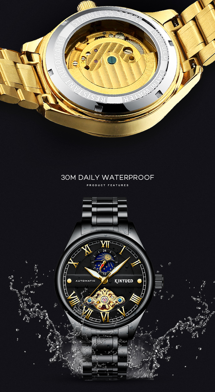 KINYUED luminous moon phase luxury black watch tourbillon automatic mechanical watch for men