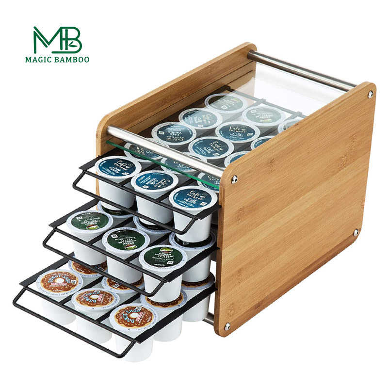 35 Pod Storage Bamboo Coffee K-cups Pods Organizer Display Rack with Three-layer Design